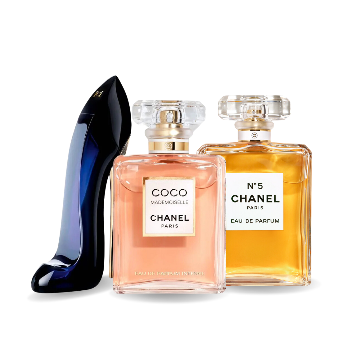 SET 3 PERFUMES GOOD GIRL, COCO MADEMOISELLE, CHANEL Nº5 100ML