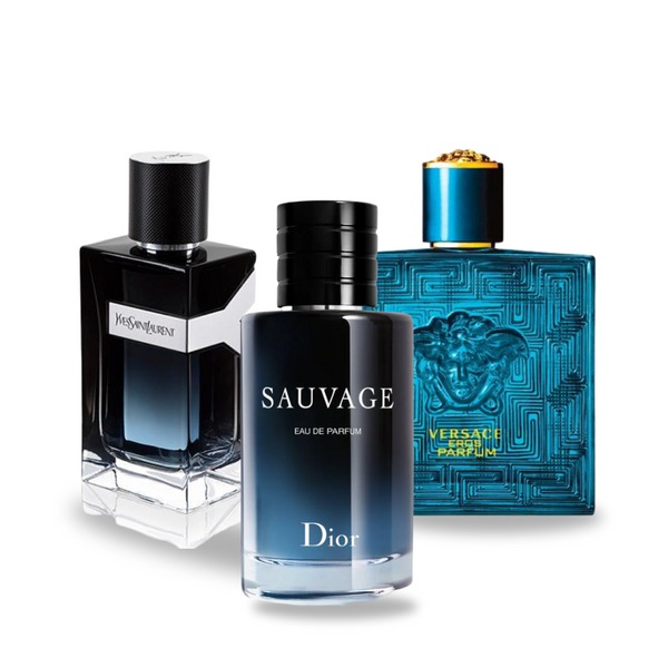 SET 3 PERFUMES DIOR SAUVAGE, YVES SAINT LAURENT Y MEN, VERSACE EROS 100ML